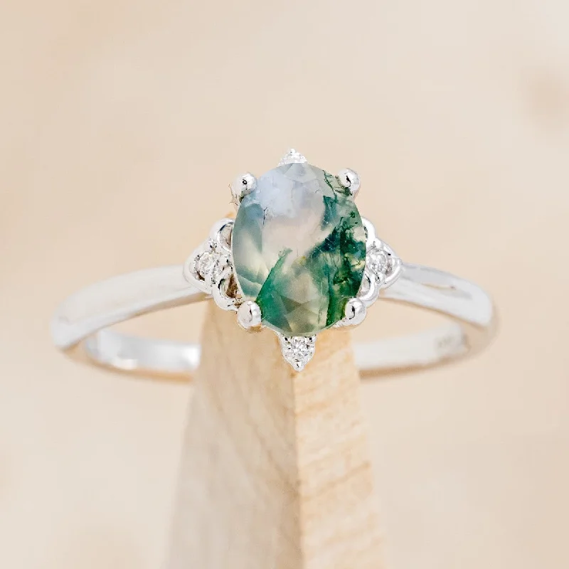 "ZELLA" - OVAL CUT MOSS AGATE ENGAGEMENT RING WITH DIAMOND ACCENTS