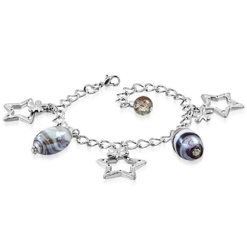 Purple Swirl Glass Bead and Stars Charm Bracelet in Silver for Women