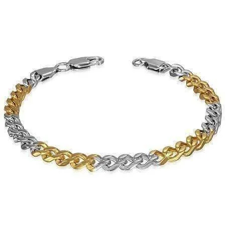 Thin Cuban Link Two Tone Stainless Steel Men's Bracelet - Three Sizes Available