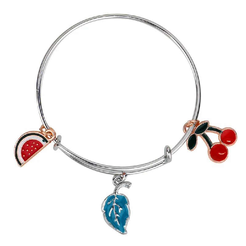 Mahi Rhodium Plated Strawbery Cherry & Leaf Shaped Colorful Enamel Work Charms Kids Bracelets for Kids (BRK1100921M)