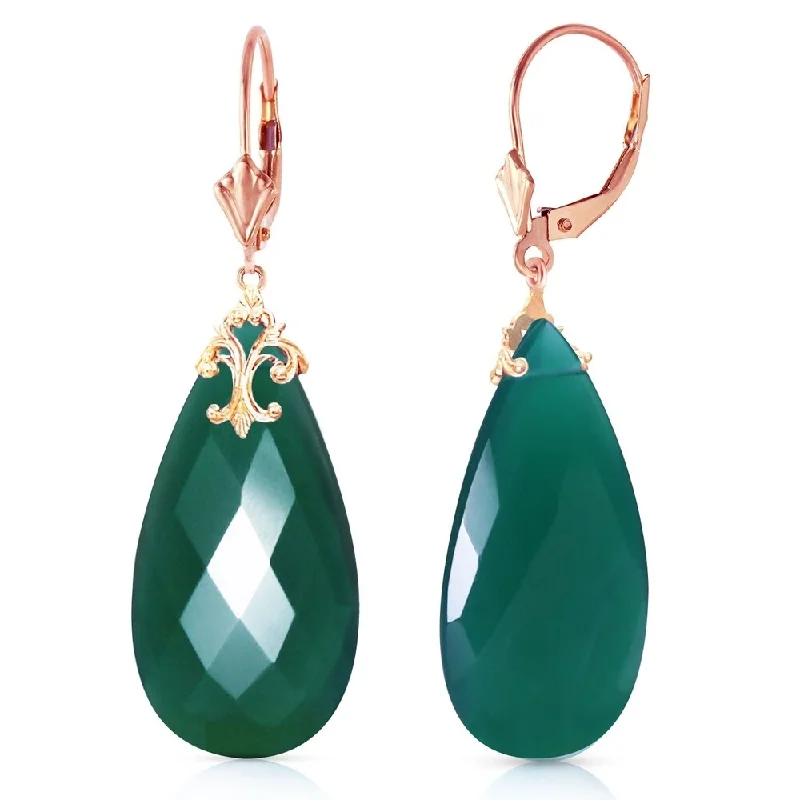 14K Solid Rose Gold Leverback Earrings with Briolette 31x16 mm Deep Green Chalcedony