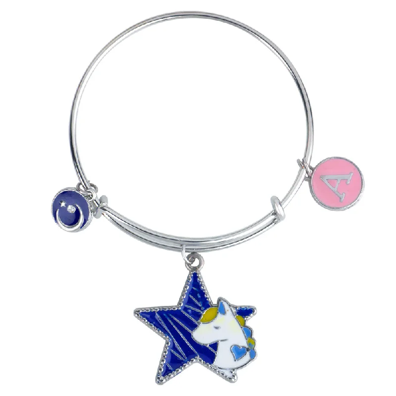 Mahi A Letter Unicorn & Moon Shaped Rhodium Plated Enamel Work Charms Kids Bracelets for Kids (BRK1100944R)