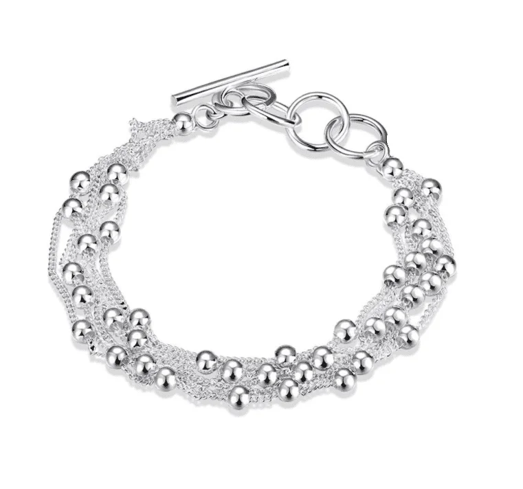 Roly Beads Silver Bold Toggle Closure Multi Chain Layer Adjustable Bracelet for Woman Everyday Accessory Great Gift