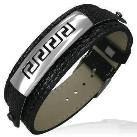 Tribal Black Leather and Stainless Steel Men's Cuff Bracelet