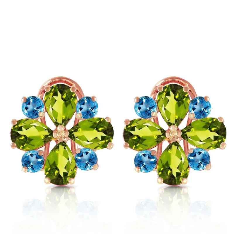 4.85 Carat 14K Solid Rose Gold French Clips Earrings Peridot Blue Topaz