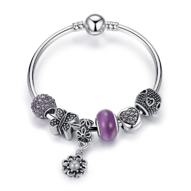 Meadow Purple Butterfly & Hearts Silver Bangle Bracelet for Woman