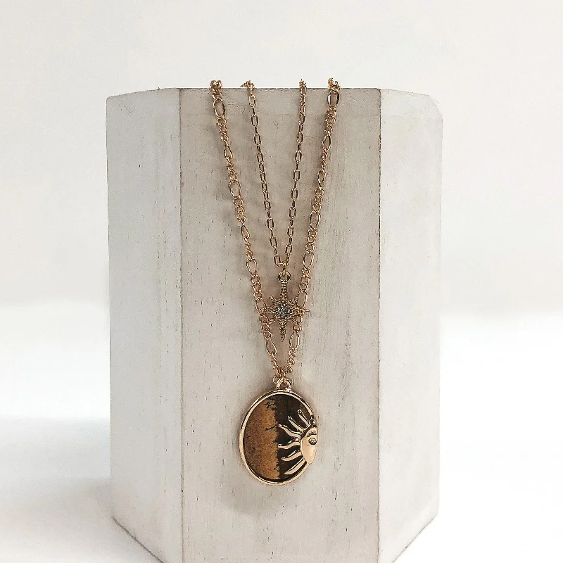 Double Layered Necklace with Oval Semi Precious Stone Pendant in Tan