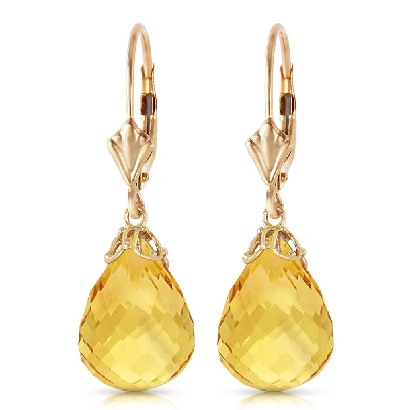 14 CTW 14K Solid Gold Leverback Earrings Briolette Citrine