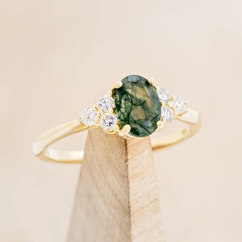 "RHEA" - OVAL CUT MOSS AGATE ENGAGEMENT RING WITH DIAMOND ACCENTS