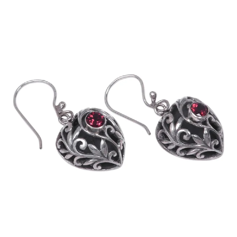 Garnet Dangle Earrings, 'Heart in the Forest' (Indonesia) - 1.4L*0.6W