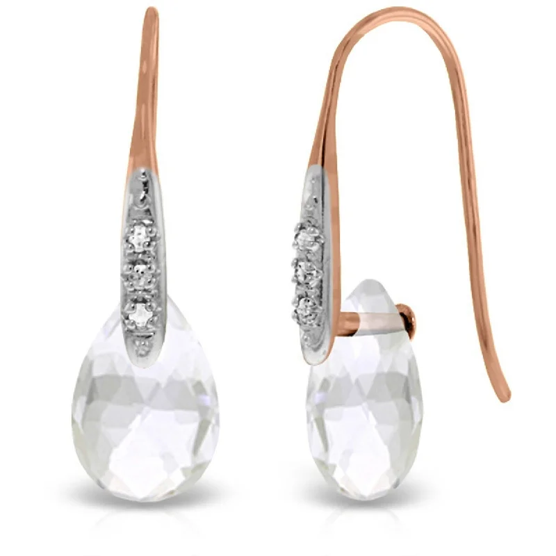 14K Solid Gold Earrings w/ Diamonds & Dangling Briolette White Topaz