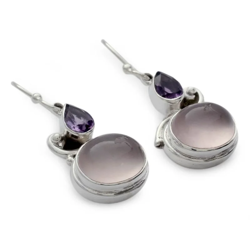 NOVICA Handmade Sterling Silver 'India Dawn' Amethyst and Rose Quartz Earrings (India)