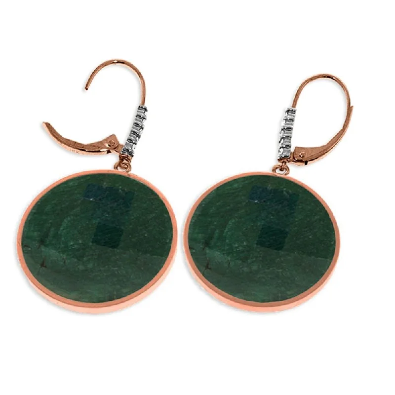 14K Solid Rose Gold Diamonds Leverback Earrings with Round Emerald Color Corundum