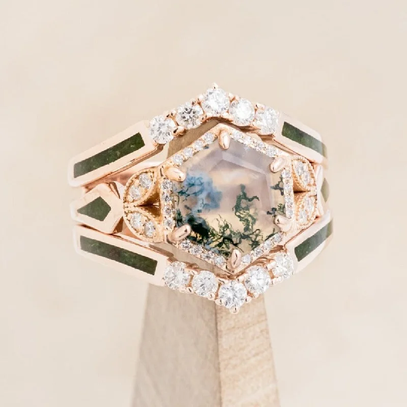 "LUCY IN THE SKY" - HEXAGON CUT MOSS AGATE ENGAGEMENT RING WITH DIAMOND HALO, MOSS INLAYS & THE "RAYA" RING GUARD