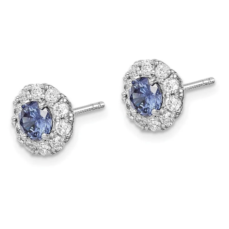 Curata 925 Sterling Silver Rhodium Plated Blue and White CZ Cubic Zirconia Halo Post Earrings