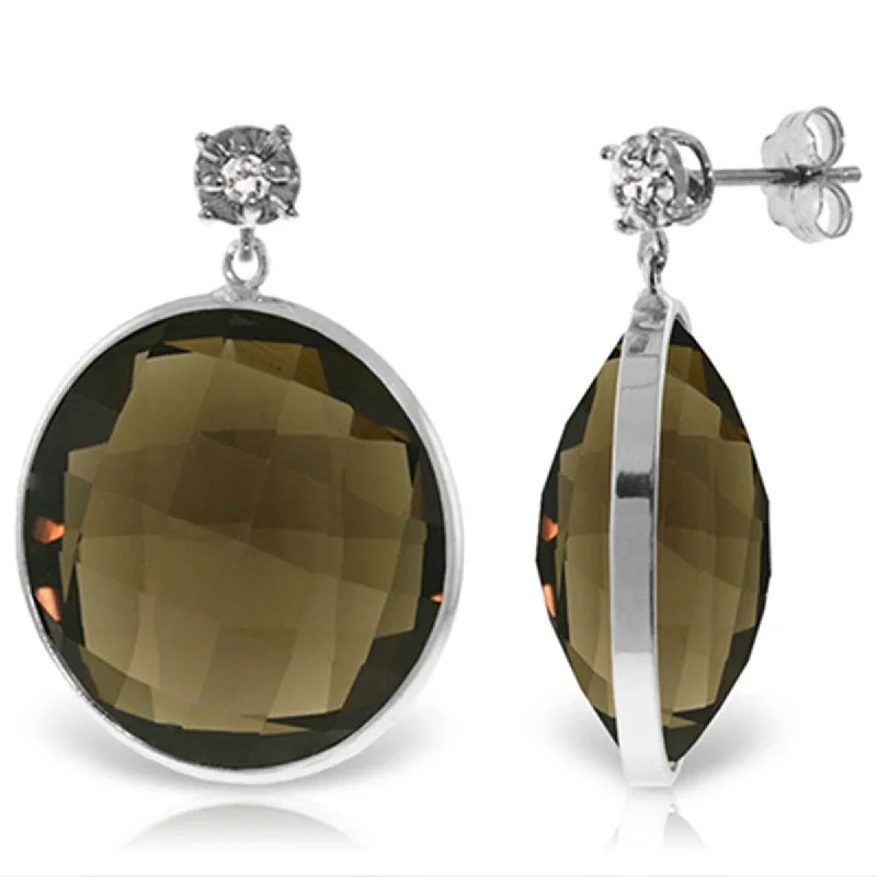 14K Solid Gold Diamonds Stud Earrings w/ Checkerboard Cut Smoky Quartz