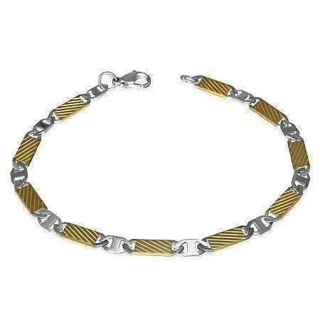 Fine Etched Bar Link Two Tone Stainless Steel Men's Bracelet