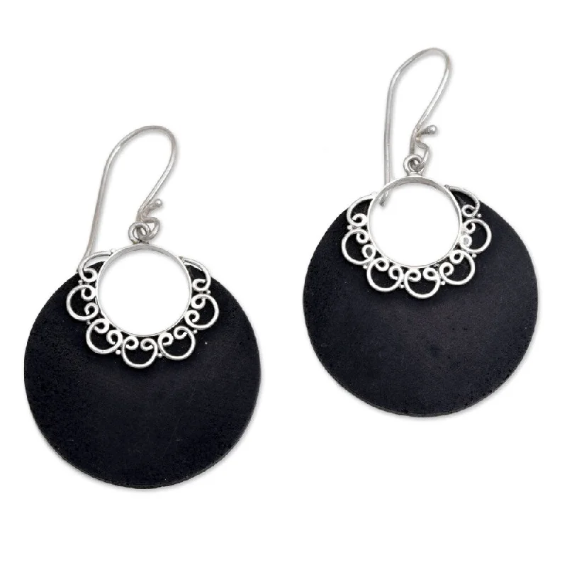 NOVICA Handmade Sterling Silver Lava Stone Crescent Lace Earrings (Indonesia) - 2*1.1