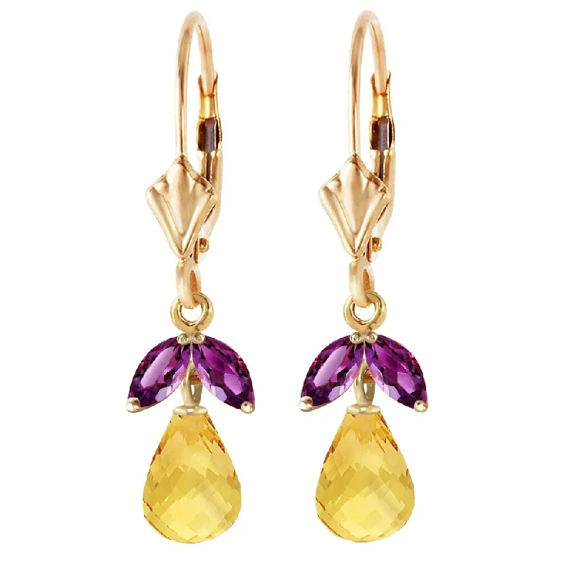 3.4 Carat 14K Solid Gold Leverback Earrings Citrine Amethyst