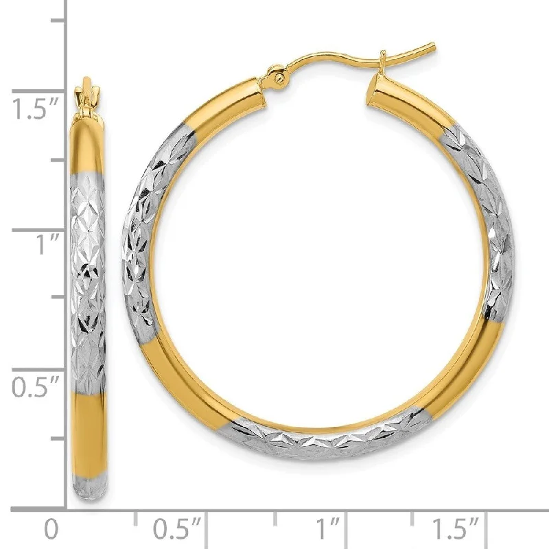 Diamond2Deal 10k Yellow Gold with Rhodium Diamond Cut 3mm Hoop Earrings (L-36mm, W-35mm)