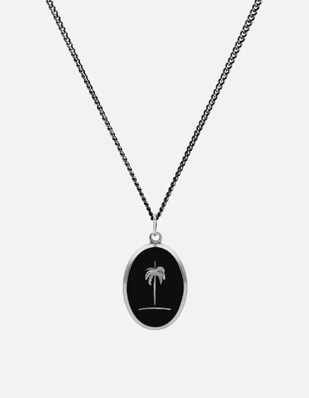 Palm Tree Necklace, Sterling Silver/Black