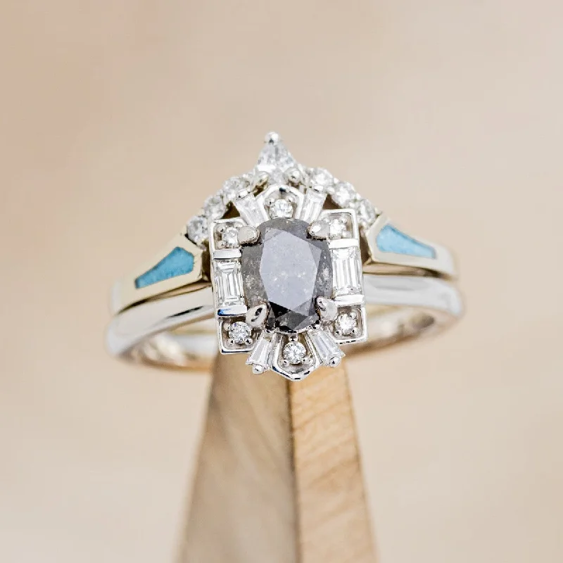 "CLEOPATRA" - OVAL SALT & PEPPER DIAMOND ENGAGEMENT RING WITH DIAMOND ACCENTS & TURQUOISE TRACER