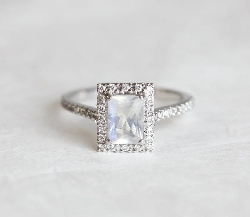 Moonstone Engagement Ring, 0.9 Carat, with Full Diamond Halo