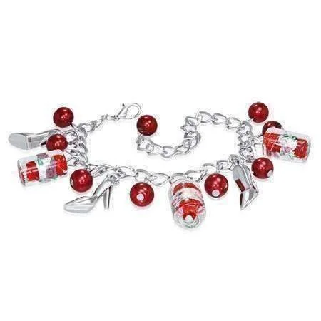 Ruby Slippers Glass Bead and Shoes Charm Bracelet in Silver