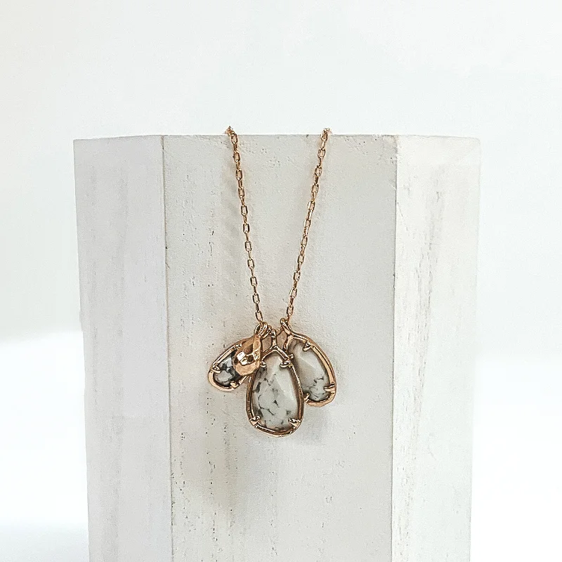 Gold Necklace with Teardrop Stone Pendants in White