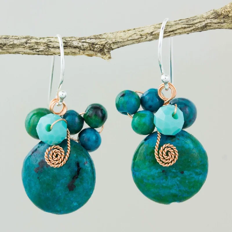 Handmade Sterling Silver 'Moonlight Garden in Teal' Serpentine Earrings (Thailand) - 1.2L*0.6W