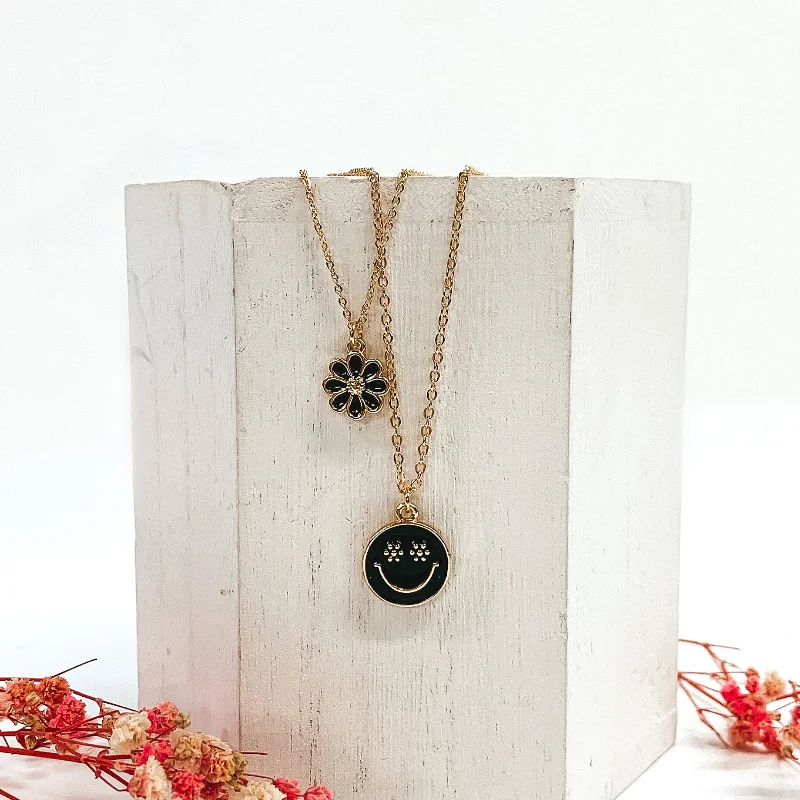 Double Layered Gold Necklace with Flower and Happy Face Pendant in Black