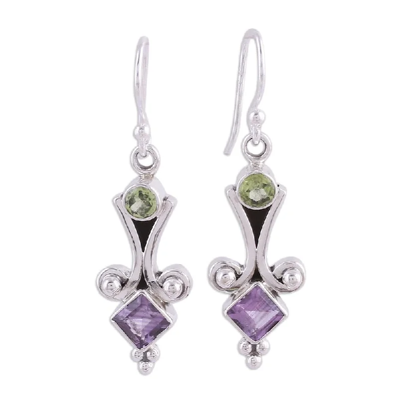 Handmade Sterling Silver 'Happiness' Peridot Amethyst Earrings (India) - 1.3L*0.4W