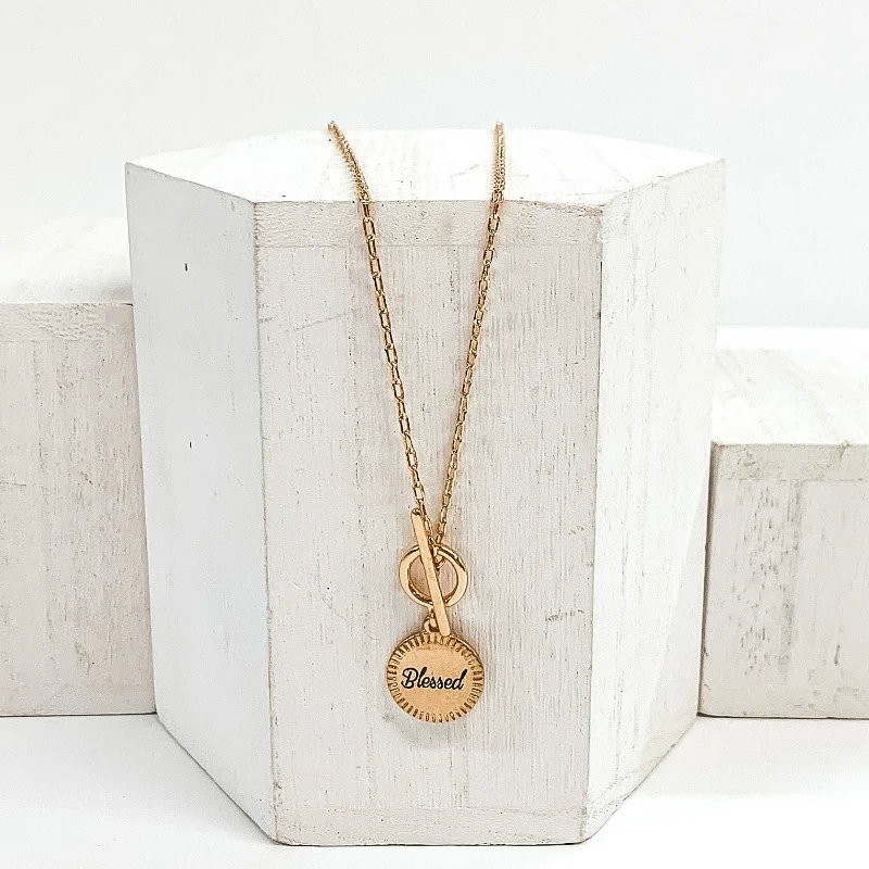 Chain Necklace with "Blessed" Circle Pendant and Front Toggle Clasp in Gold