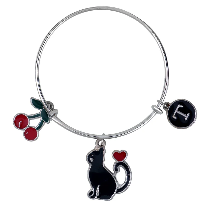 Mahi T Letter Cherry & Cat Shaped Rhodium Plated Enamel Work Charms Kids Bracelets for Girls (BRK1100952R)