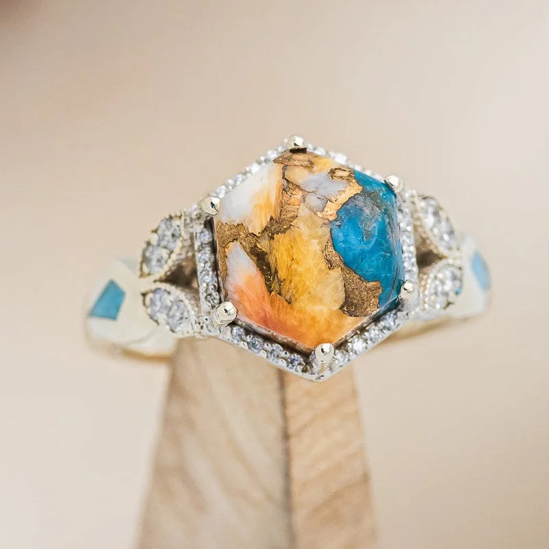 "LUCY IN THE SKY" - HEXAGON CABOCHON CUT SPINY OYSTER TURQUOISE ENGAGEMENT RING WITH DIAMOND ACCENTS & TURQUOISE INLAYS