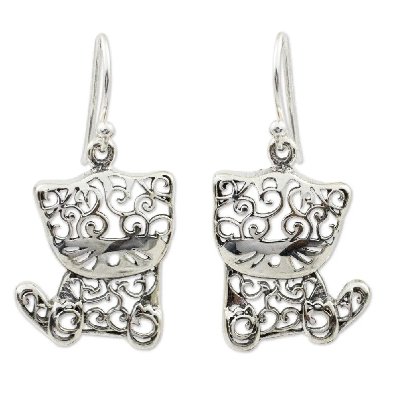 Handmade Sterling Silver Filigree Kitten Dangling Style Earrings (Thailand)