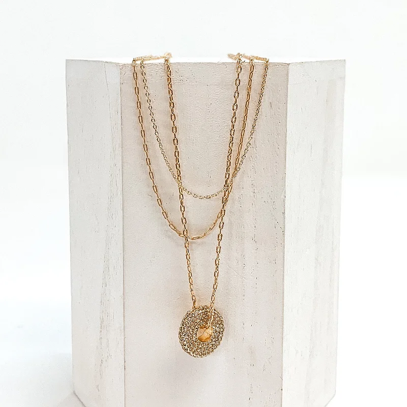 3 Stranded Chain Necklace with Crystalized Round Pendant in Gold