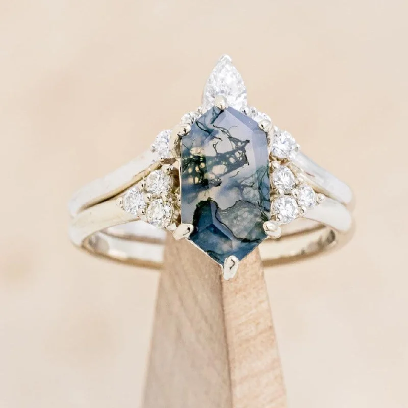 "OCTAVIA" - ELONGATED HEXAGON CUT MOSS AGATE ENGAGEMENT RING WITH DIAMOND ACCENTS & TRACER