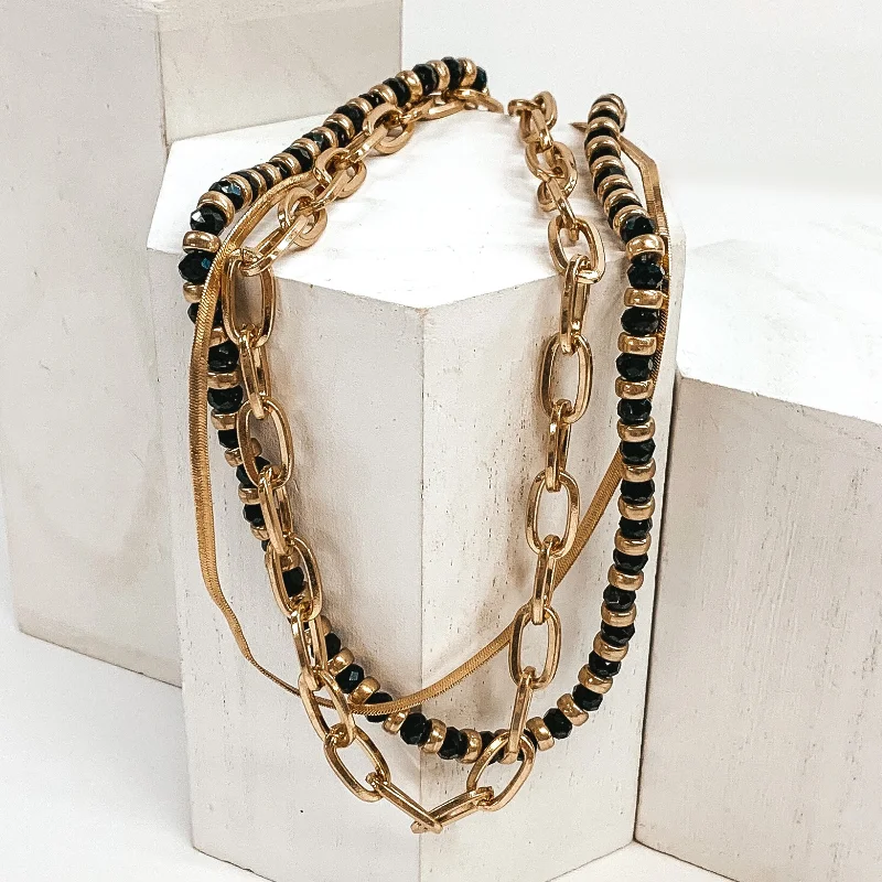 Walking Downtown Gold Tone Multi Chain Necklace in Black