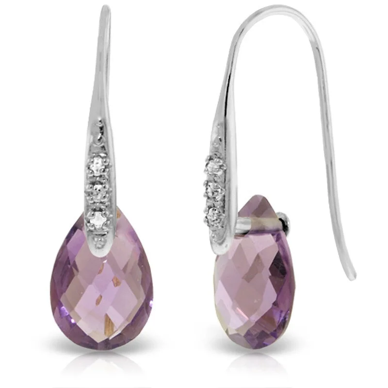 14K Solid Gold Fish Hook Earrings w/ Diamonds & Dangling Amethysts