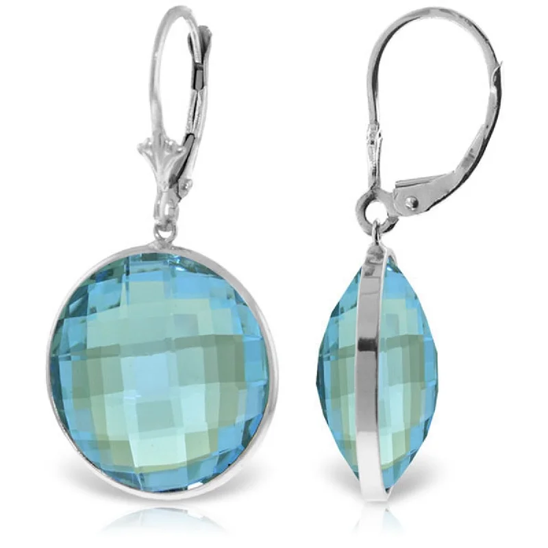 14K Solid Gold Leverback Earrings Natural Round Blue Topaz Gemstone