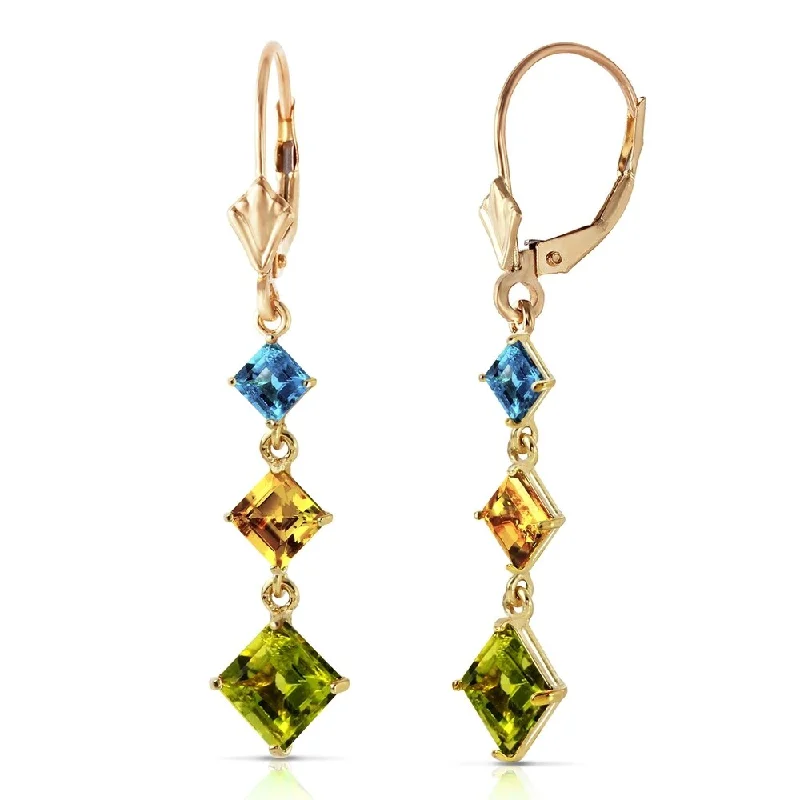 4.8 CTW 14K Solid Gold Waterdrops Blue Topaz, Citrine, Peridot Earrings