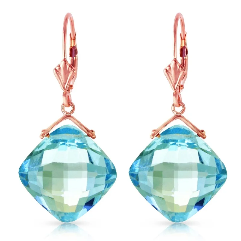 14K Solid Rose Gold Leverback Earrings with Checkerboard Cut Blue Topaz