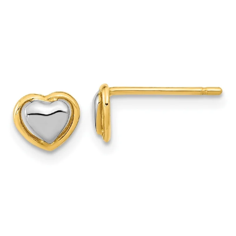 Diamond2Deal 14k Yellow GoldY with White Rhodium Heart Post Stud Earrings (L-5.75mm, W-6.25mm)