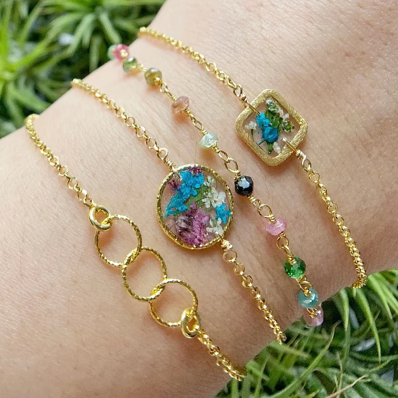 Tourmaline Gemstones | Real Wild Flowers | Shimmering Gold Bracelets