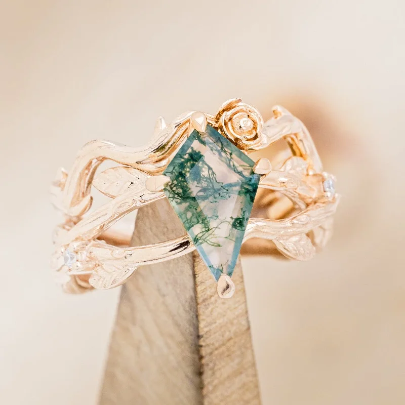 "ARTEMIS ON THE VINE" - KITE CUT MOSS AGATE ENGAGEMENT RING WITH DIAMOND ACCENTS & "BRIAR" BRANCH-STYLE TRACER