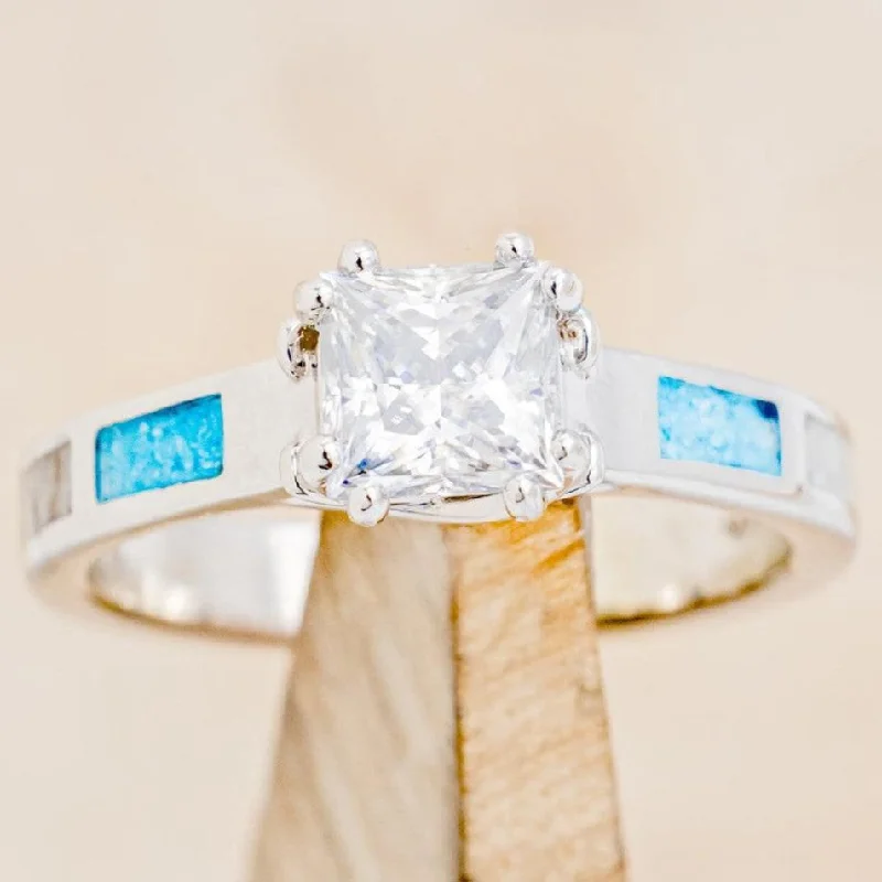 "FAWN" - PRINCESS CUT MOISSANITE ANTLER PRONGED ENGAGEMENT RING WITH ANTLER & TURQUOISE INLAYS