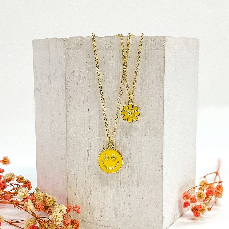 Double Layered Gold Necklace with Flower and Happy Face Pendant in Yellow