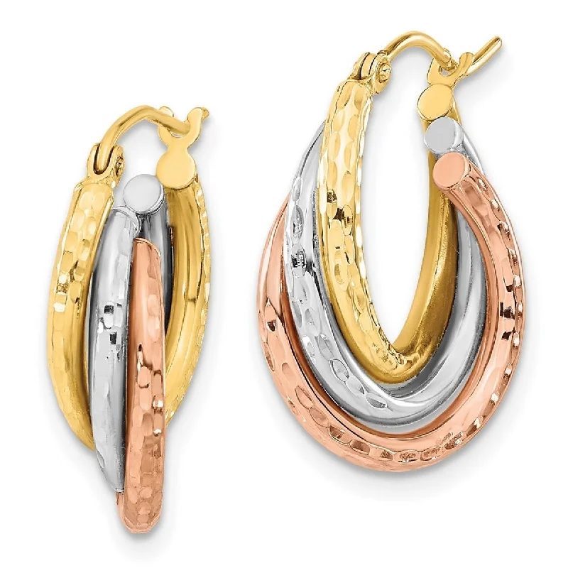 Curata 14k Tri color Gold Textured Triple Hoop Earrings - 16.3mm Wide