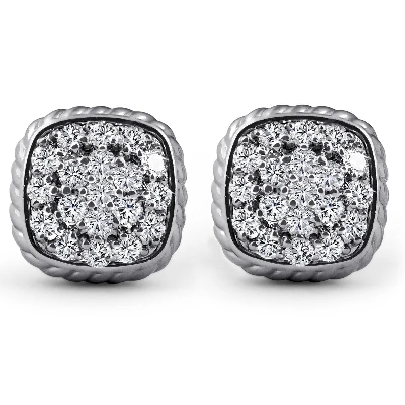 1ct Pave Diamond Cushion Shape Studs Braided Border Earrings White Gold